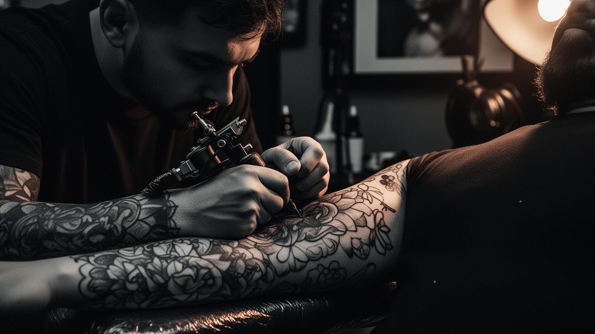 Tatuador trabalhando em uma sessão